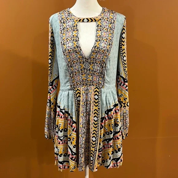 Free People | Dresses | Free People Light Blue Aztec Print Mini Dress Size  6 | Poshmark